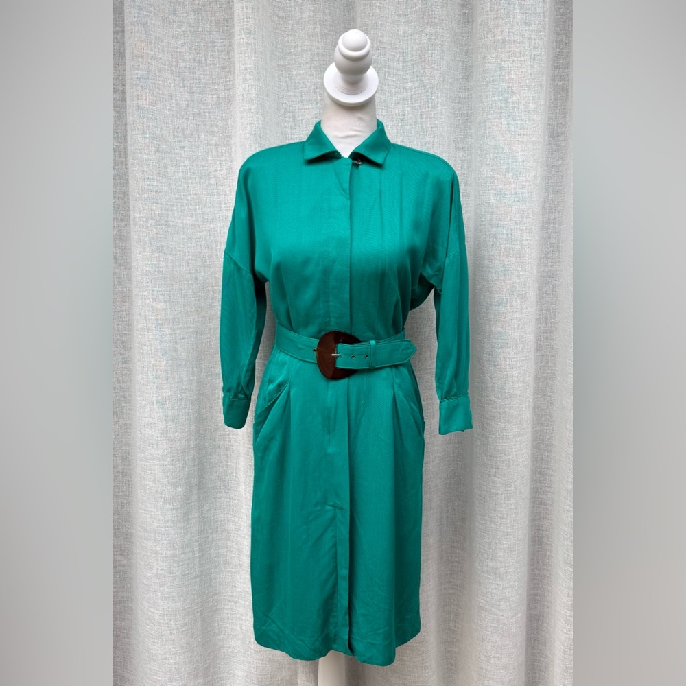 1990 Katie emerald green teal long sleeve button down belt dress